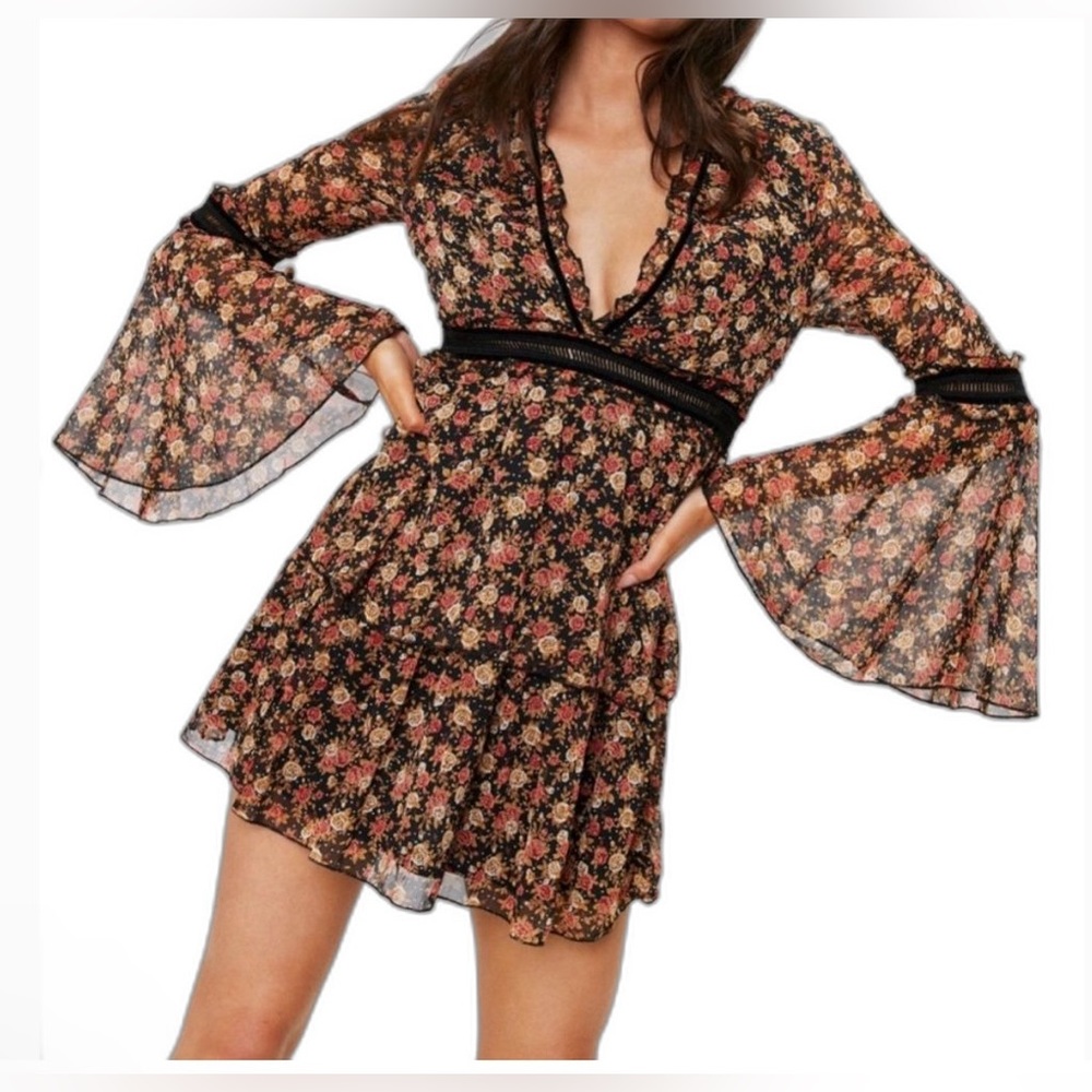 Nasty Gal I’ll Be Bouquet Floral Bell Sleeve Tiered Ruffle Mini Dress